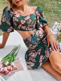 Zjkrl Fashion Hollow Puff Sleeve Slim Party Dress Summer Picnic A-Line Casual Dress Women Elegant Square Neck Floral Print Mini Dress