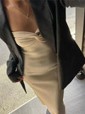 Zjkrl Strapless Knit Maxi Dresses For Women Summer Beach Party Bodycon Dress Off-Shoulder Twist Knitting Evening Backless Dress