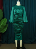 Zjkrl Long Sleeve Green Dresses Bodycon Elastic Satin Smocked Midi Dress Elegant Big Size Shiny Evening Christmas Party Church Outfits