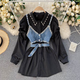 Zjkrl 2023 New High-End White Shirt Dress Female Lapel Diamond Pearl Luxury Shirt Short Denim Vest Chic Two Piece Sets Female Fashion