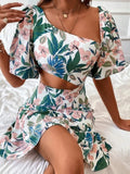 Zjkrl Fashion Hollow Puff Sleeve Slim Party Dress Summer Picnic A-Line Casual Dress Women Elegant Square Neck Floral Print Mini Dress