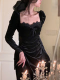 Zjkrl Autumn Slim Black Velvet Dress Casual Korean Fashion Elegant Midi Dress Woman Party Long Sleeve Vintage Lace Dress Design