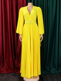 Zjkrl Sexy V-Neck Pleated Dinner Party Dress Women Yellow Elegant  with Belt Long Sleeve Robe Femme African Maxi Red Vestido