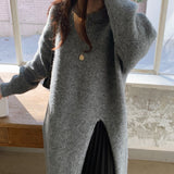 Retro Split Woolen Dress Women Sexy Autumn  White Solid O-neck Soft Long Knitted Dresses Women Clothing Winter Knitwear Chic