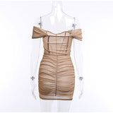 Women's Sexy Off Shoulder Tight Wrap Mini Dress Fashion Off Shoulder Pleated Hem Bodycon Dresses 2023 Female Party Club Dress