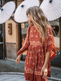 Zjkrl Vintage Chic Fashion Women Red Floral Print O-neck Loose Bohemian Mini Dresses Ladies Batwing Sleeve Cotton Beach Boho Dress