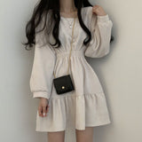 Zjkrl Women Long Sleeve Dresses Solid Color Square Collar A-line Sweet Vintage Design High Waist Mini Length Soft Chic Korean Elegant