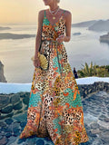 Zjkrl - Fashion V Neck Sling Print Party Dress New Summer Elegant Swing Long Dress Women Sexy Sleeveless Belt Bohemian Robe Dresses