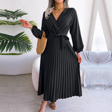 Zjkrl - F 2023 New Women Spring Summer Temperament Cross Solid Color V Neck Large Hem Pleated Long Dress For Fashion