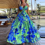 Zjkrl Women Elegant  Sleeveless Backless Bohemian Beach Dresses Summer Split Long Dress 2023 Leaf Print Loose Suspenders Sundress