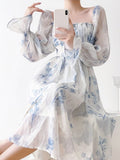 Zjkrl - 2023 Summer French Elegant Floral Midi Dress Party Chiffon Vintage Fashion Dress Beach Long Sleeve Casual Dress Office Lady Chic