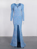 Romantic Sky Blue Long Sleeve Mermaid Wedding Gown Shiny Sequin Stretchy Velvet Slit Leg Evening Maxi Prom Dresses Winter