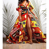 Zjkrl Dashiki Print Ankara Dresses African Women Clothes Summer Bohe Sexy V-neck Backless Slit Maxi Dress Kanga Clothing Plus Size