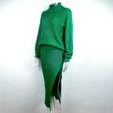 Women Casual Solid Knitted Slim Sweater Warm Suit Long Sleeve Stand Collar Pullover and Side Split Skirt Winter New Fashion