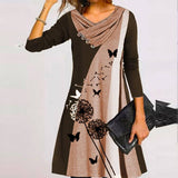 Zjkrl - Fashion Long Sleeve V Neck Midi Dress Autumn Ladies Button Splicing Loose Dress New Vintage Geometric Puzzle Print A-line Dress