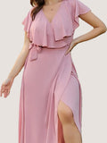 Party Dresses For Women 2023 Plus Size Summer Midi Dress V-Neck Solid Ruffle Sleeve Belted Wrap Dress