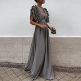 Zjkrl Formal Party  Dress Women Deep V-Neck Long Dress Elegant Flying Sleeves Backless Maxi Evening Dresses Robe De Soiree