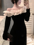 Zjkrl - Korean Fashion Velvet Midi Dress Woman Long Sleeve Sexy Dress Elegant Pure Color French Vintage Dress Off Shoudler Design