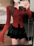 Zjkrl - 2023 Spring Red Knitted Cardigan Women Long Sleeve Slim Sweater Office Lady Outwear Y2k Crop Tops Female Korean Fashion Clothing