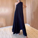 Women Two Piece Set Fashion Solid One Shoulder Halter Backless Multi Styles Top Loose Wide Legs Pants Sets Streetwear