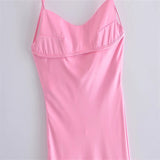 Zjkrl - 2023 New Women Hollow Design Silk Satin Texture Midi Suspender Dress Summer Sexy Revealing Back Slit Slim Pink Dress
