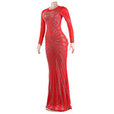 Zjkrl Sexy Rhinestones Floor-length Evening Dresses Luxury Elegant Women's O-neck Long Sleeve See-through Mesh Night Club Long Dress