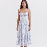 Zjkrl Floral Printed Women Dress 2023 Summer Elegant Solid Slim Sleeveless Slip Female Side Split Waist Lady A-line Robe