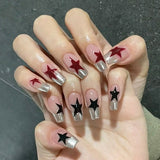 Zjkrl - 24pcs/box Fake French y2k Nails Press On Long Stiletto Almond Shape Wearable False Nails With Stars Designs Full Cover Nail Tips