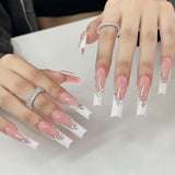 Zjkrl - 24Pcs Full Cover False Nails Red Rhinestone Planet Long Ballerina Coffin Nail Tips Detachable Fake Nails Press on Nails Manicure
