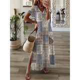 Zjkrl Vintage Print Maxi Dress Women 2023 Summer Elegant V Neck Short Sleeve Loose Split Casual Dress Female Party Boho Beach Vestidos