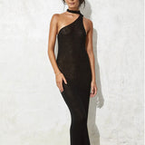 Zjkrl - Fashion Women's Dresses Solid Color Sexy One Shoulder Halter Bandage Backless Knitted Long Dress