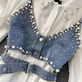 Zjkrl 2023 New High-End White Shirt Dress Female Lapel Diamond Pearl Luxury Shirt Short Denim Vest Chic Two Piece Sets Female Fashion