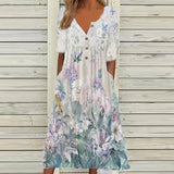 Vintage A Line Dress Women Fashion Short Sleeve Floral Print Sundress Button V Neck Pocket Party Dresses Summer Vestidos