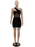 Zjkrl Sexy Glitter Sequined Mesh Patchwork Mini Dress Summer Women Sleeveless One Shoulder Bodycon Night Clubwear Dress