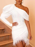 Satin One Shoulder Elegant Mini Party Feathers Dress Women Elegant White Pleated Long Sleeve Cocktail Bodycon Dresses Vestidos