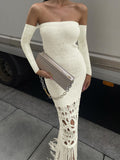 Zjkrl - Bodyocn Maxi Dress for Women Elegant Sexy Strapless Christmas Party Dress Autumn Long Sleeve Tassel Knitted Sweater Dress