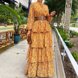 Zjkrl - Boho Pattern Print Ruffle Summer Beach Dress Spring Elegant Turtleneck Office Ladies Dress Women Lantern Sleeve Long Party Dress