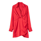 Solid Chic V-Neck Office Lady Satin Dresses For Women 2023 Women&#39;s Long Sleeve Gathered Pullovers Slim Elegant Female Dress