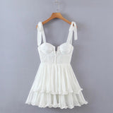 Zjkrl - Fashion Women Spaghetti Strap Ruffle Cake Chiffon Dress Sexy Ladies Floral Print Holiday Party Mini Dress Summer Robe