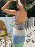 Women's Beach Knitted Maxi Dress Cover Up Holiday Party Sundress Contrast Color Crochet Long Dress Summer Outfits 2023