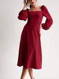 Zjkrl - Churses Red Party Dress New Year Fashion a Line Women Dress Puff Sleeve Zipper Square Collar 2023 New Midi Length Autumn Winter