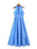 Romantic Women Blue Plaid Halter Long Dress Sexy Backless Sleeveless Ladies Holiday Summer Dresses Fairy Robe