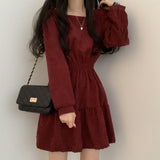 Zjkrl Women Long Sleeve Dresses Solid Color Square Collar A-line Sweet Vintage Design High Waist Mini Length Soft Chic Korean Elegant
