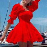 Women Solid Hollow Out Party Dresses Elegant Ruffles Loose Lace Patchwork Casual Dress Summer Sexy Square Collar Dress Vestidos
