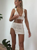 Zjkrl Summer Beach Sexy Skirts Set Women Y2K Jacquard Knitted 2 Piece Sets Tank Tops And Split Mini Dress Vacation