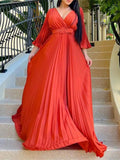 Zjkrl Sexy V-Neck Pleated Dinner Party Dress Women Yellow Elegant  with Belt Long Sleeve Robe Femme African Maxi Red Vestido
