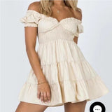 V Neck Elastic Beige Cotton Summer Dress Short A-line Solid Cute Short Sleeve Dress Vestido New White Dress