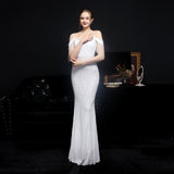 Zjkrl Women Elegant Off Shoulder Luxury Evening Dress Sexy  Sequin Mermaid Dress Spaghetti Straps Silver Beading Long Party Dress New