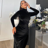 Long Sleeve Elegant Black Velvet Bodycon Maxi Dress For Women Ruched Party Evening Long Dresses 2023 Spring Female Clothes