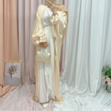 Zjkrl Ramadan Eid Fashion Puff Sleeve Muslim Abayas Soft Robe Musulmane Abaya Elegant Silky Muslim Arab Worship Service Clothing